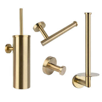 De Cosimo Gold WC set van yessential.nl is een moderne, minimalistische badkameraccessoiresset met vier goudkleurige items: toiletborstelhouder, toiletrolhouder, enkele wandhaak en reserve toiletrolhouder tegen een witte achtergrond.