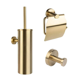 De Mano Gold WC-set van yessential.nl bestaat uit een wc-borstelhouder, wc-papierhouder met deksel en wandhaak in goud - ideaal voor een stijlvolle badkamer.