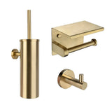 De Armando Gold Set van yessential.nl bestaat uit drie elegante badkameraccessoires: een gouden wc-borstelhouder, een platte wc-papierhouder en een enkele wandhaak - perfect voor moderne, minimalistische ruimtes.
