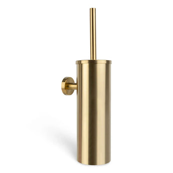 De Branco Gold van yessential.nl is een strakke, goudkleurige toiletborstelhouder met een cilindrisch ontwerp, bijpassende wc borstelgreep en handige wandbevestiging aan de zijkant.