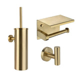 De Nando Gold WC-set van yessential.nl bestaat uit een wandclosetborstelhouder, toiletpapierhouder met planchet en een ronde wandhaak - een stijlvolle badkameraccessoireset voor een moderne look.