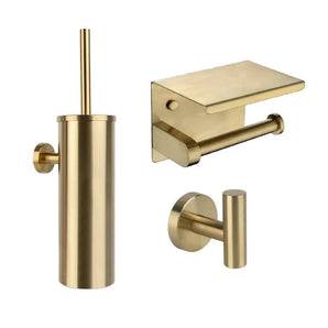 De Nando Gold WC-set van yessential.nl bestaat uit een wandclosetborstelhouder, toiletpapierhouder met planchet en een ronde wandhaak - een stijlvolle badkameraccessoireset voor een moderne look.