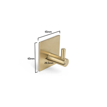 De 4x Navarro Gold handdoekhaak van yessential.nl heeft een 45x45mm achterplaat, 26,5mm uitsteek en een strak modern design. Deze zelfklevende haak is eenvoudig te installeren zonder boren en wordt getoond tegen een witte achtergrond.