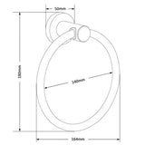 Lijntekening van de Elarbo Black handdoekring door yessential.nl: ruimtebesparend, matzwart, 180mm hoog, 164mm breed, ringdiameter 140mm, wandmontagediepte 50mm.