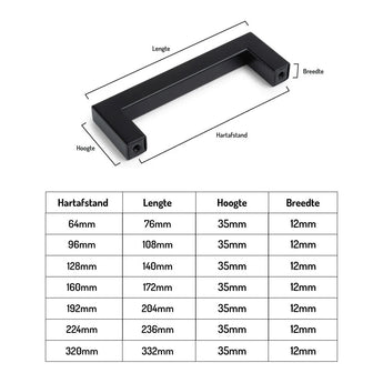De Vasco Black van yessential.nl is een zwarte, vierkante handgreep met gemarkeerde lengtes, hoogte, breedte en afstand tussen gaten. Een tabel in het Nederlands toont deze maten in millimeters voor diverse formaten. Perfect als moderne keukenhandgreep.