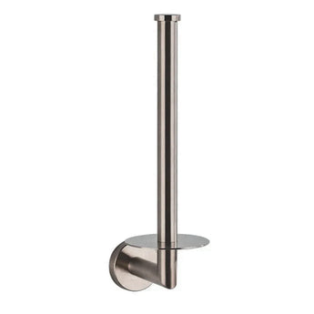 De Fabiano Gunmetal WC-set van yessential.nl is een wandgemonteerde roestvrijstalen toiletrolhouder met een verticale reserverolstang en ronde voet, ideaal voor een moderne badkamer of als onderdeel van je WC-accessoires.