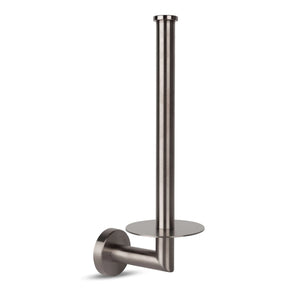 De Roberto Gunmetal reserverolhouder van yessential.nl heeft een ronde basis en een metalen ontwerp, en voegt een strak accent toe aan je ruimte terwijl hij de toiletrollen netjes georganiseerd houdt.
