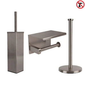 De yessential.nl Alexo Gunmetal WC Set (zonder boren) bestaat uit een toiletborstel met houder, een wandcloset met planchet en een vrijstaande verticale toiletrolhouder - allemaal te installeren zonder boren.