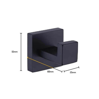 De Valo Black Hook van yessential.nl is een zwarte rechthoekige wandhaak, ideaal als handdoekhaak zwart, van 55mm hoog, 60mm breed, met een haakverlenging van 25mm. Referentie maatlijnen en labels zijn inbegrepen.