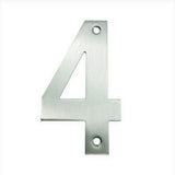 De Tonio RVS 10cm van yessential.nl is een metallic huisnummer 4 met een geborstelde afwerking, voorzien van twee bevestigingsgaten (boven en onder), afgebeeld tegen een witte achtergrond.