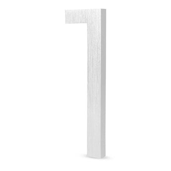 De Milano RVS 15cm van yessential.nl is een driedimensionaal metalen nummer één met een geborstelde afwerking, rechtopstaand tegen een witte achtergrond-perfect als modern huisnummer.