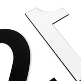 Een close-up van twee grote platte cijfers - een zwarte "0" (Animo Black 15cm, yessential.nl) links en een witte "1" rechts - tegen een witte achtergrond, waarbij de zwarte 0 gedeeltelijk zichtbaar is.