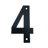 De Tonio Black 10cm van yessential.nl is een moderne zwart metalen nummer 4 met bevestigingsgaten boven en onder, afgebeeld op een witte achtergrond.