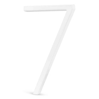 Een strak, driedimensionaal wit nummer 7 uit yessential.nl's Amato White 12,5cm serie, met een strak, modern ontwerp op een effen witte achtergrond - ideaal voor eigentijdse huisnummers.