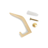 De Huso Gold kapstokhaak van yessential.nl heeft een hoekig ontwerp en wordt geleverd met goudkleurige schroef, rond kapje en witte plug, gepresenteerd op een witte achtergrond.