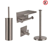 De yessential.nl Ludo Gunmetal WC Set (zonder boren) bestaat uit een geborsteld metalen toiletborstelhouder, toiletpapierhouder met planchet, enkele wandhaak en verticale papieren handdoekhouder. In de rechterbovenhoek staat een "zonder boren" installatiepictogram.