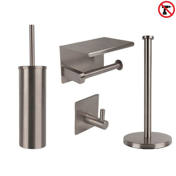 De yessential.nl Ludo Gunmetal WC Set (zonder boren) bestaat uit een geborsteld metalen toiletborstelhouder, toiletpapierhouder met planchet, enkele wandhaak en verticale papieren handdoekhouder. In de rechterbovenhoek staat een "zonder boren" installatiepictogram.