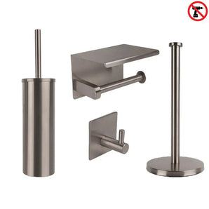 De yessential.nl Ludo Gunmetal WC Set (zonder boren) bestaat uit een geborsteld metalen toiletborstelhouder, toiletpapierhouder met planchet, enkele wandhaak en verticale papieren handdoekhouder. In de rechterbovenhoek staat een "zonder boren" installatiepictogram.