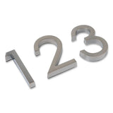 Drie metalen Silvio Gunmetal 60mm cijfers (1, 2, 3) van yessential.nl zijn in een lichte hoek geplaatst op een wit oppervlak. Deze 3D plakcijfers met kleeflaag hebben een strak, modern ontwerp.
