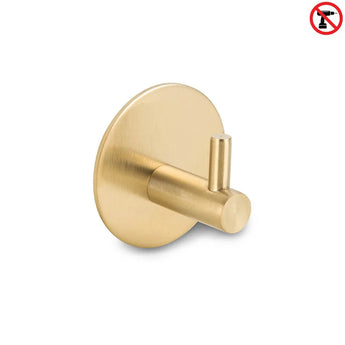 De Rudro Gold van yessential.nl is een gouden cilindervormige handdoekhaak met een ronde basis. Een no-drill icoon geeft aan dat het een handdoekhaak zonder boren is, waardoor installatie eenvoudig is - boren is niet nodig.