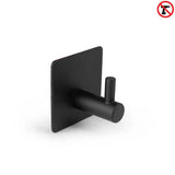 De yessential.nl Navarro Black is een vierkant, zelfklevend haakje zwart gemaakt van duurzaam RVS. Zonder boren is deze handdoekhaak badkamer eenvoudig te installeren en perfect voor je badkamer. Weergegeven op een effen witte achtergrond.