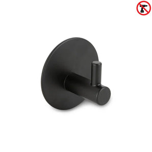 De Rudro Black handdoekhaak van yessential.nl heeft een ronde basis en cilindrische pin, is zelfklevend voor montage zonder boren en herkenbaar aan het no-drill symbool rechtsboven.