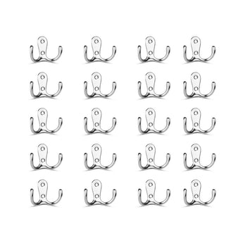 Een set van 20x Pagano Chroom dubbele wandhaken van yessential.nl, elk met twee gebogen tanden en een centrale montageplaat, gerangschikt in een 4x4 raster op een witte achtergrond-een perfecte chromen kapstokhaakjes set.