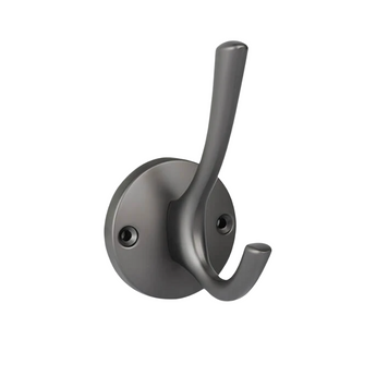 De Eduardo Gunmetal van yessential.nl is een stijlvolle kapstokhaak in mat gunmetal met twee tanden, een lange en een korte, bevestigd op een ronde basis met twee zichtbare schroeven.