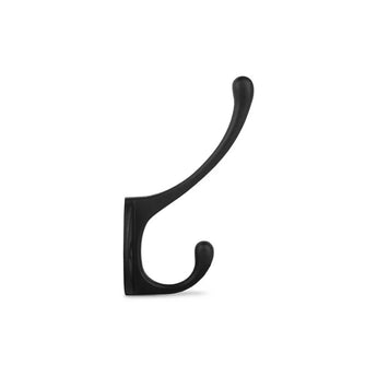 De Nismo Black 1-Hook van yessential.nl is een zwarte kapstokhaak met twee gebogen palen op een rechthoekige basis, perfect voor een moderne look tegen een witte achtergrond.