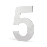De Animo RVS 15cm (geen boor) van yessential.nl heeft een groot, metallic cijfer 5 met een geborstelde zilveren afwerking, rechtopstaand tegen een effen witte achtergrond - perfect voor stijlvolle RVS of moderne huisnummers.