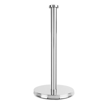 De Tygo Chroom WC Set (no-drill) van yessential.nl heeft een vrijstaande, met chroom afgewerkte papieren handdoekhouder met een cilindrische stang en ronde voet - ideaal voor je toiletaccessoires, eenvoudig te gebruiken zonder te boren; afgebeeld op een witte achtergrond.