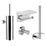 De Santino Chroom WC-set van yessential.nl bestaat uit een roestvrijstalen wc-borstelhouder, wc-papierhouder met planchet, reserverolhouder, wandhaak en een strak wandgemonteerd glazen planchet in een moderne chromen afwerking.