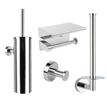 De Santino Chroom WC-set van yessential.nl bestaat uit een roestvrijstalen wc-borstelhouder, wc-papierhouder met planchet, reserverolhouder, wandhaak en een strak wandgemonteerd glazen planchet in een moderne chromen afwerking.