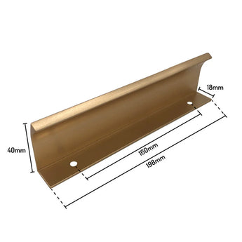 De Enzo Gold Deluxe plankdrager van yessential.nl wordt getoond met afmetingen: 40mm hoog, 198mm breed, 18mm diep en een binnenlengte van 160mm. De gouden afwerking past bij hoekgrepen goud of profielhandgrepen en heeft twee montagegaten aan de onderkant.