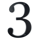 De Matteo Black 10cm van yessential.nl is een zwart huisnummer "3" in schreefletters, met twee bevestigingsgaten (rechtsboven, linksonder) op een witte achtergrond - ideaal voor het adres van je huis.