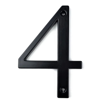 De Matteo Black 10cm van yessential.nl is een zwart, 3D huisnummer "4" met twee schroefgaten voor eenvoudige montage aan de muur of deur. Geef je entree een moderne look met dit stijlvolle huisnummer.