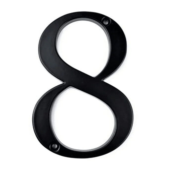 De Matteo Black 10cm van yessential.nl is een zwart metalen huisnummer acht met twee schroefgaten, één aan de bovenkant en één aan de onderkant, afgebeeld op een witte achtergrond.