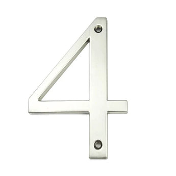 De Matteo Nickel 10cm van yessential.nl is een metallic nummer 4 met een glanzende, geborstelde afwerking en twee schroefgaten voor bevestiging, afgebeeld op een witte achtergrond.