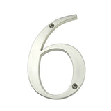De Matteo Nickel 10cm van yessential.nl is een metallic nummer 6 met een geborstelde afwerking en twee schroefgaten (boven & onder), afgebeeld tegen een witte achtergrond - perfect voor stijlvolle nikkel huisnummers.