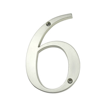 De Matteo Nickel 10cm van yessential.nl is een metallic nummer 6 met een geborstelde afwerking en twee schroefgaten (boven & onder), afgebeeld tegen een witte achtergrond - perfect voor stijlvolle nikkel huisnummers.