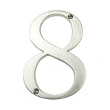 De Matteo Nickel 10cm van yessential.nl is een metalen nummer 8 bord met een geborstelde afwerking en twee schroefgaten (rechtsboven, linksonder), ideaal voor wie op zoek is naar moderne nikkelen huisnummers.
