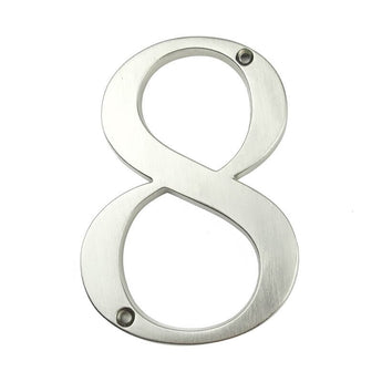 De Matteo Nickel 10cm van yessential.nl is een metalen nummer 8 bord met een geborstelde afwerking en twee schroefgaten (rechtsboven, linksonder), ideaal voor wie op zoek is naar moderne nikkelen huisnummers.