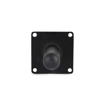 De Kenino Black 10cm van yessential.nl is een zwarte deurstopper op een vierkante metalen plaat met vier schroefgaten, die een moderne look biedt die past bij zwarte stalen meubelpoten, afgebeeld frontaal tegen een witte achtergrond.