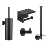 Das Donato Black WC-Set von besteht aus modernen, mattschwarzen Badezimmeraccessoires: einer Toilettenbürste mit Halter, einem wandhängenden WC mit Deckel, einem einfachen Toilettenpapierhalter und einem runden Wandhaken.