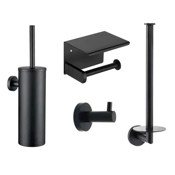 Das Donato Black WC-Set von besteht aus modernen, mattschwarzen Badezimmeraccessoires: einer Toilettenbürste mit Halter, einem wandhängenden WC mit Deckel, einem einfachen Toilettenpapierhalter und einem runden Wandhaken.