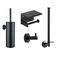 Das Donato Black WC-Set von besteht aus modernen, mattschwarzen Badezimmeraccessoires: einer Toilettenbürste mit Halter, einem wandhängenden WC mit Deckel, einem einfachen Toilettenpapierhalter und einem runden Wandhaken.