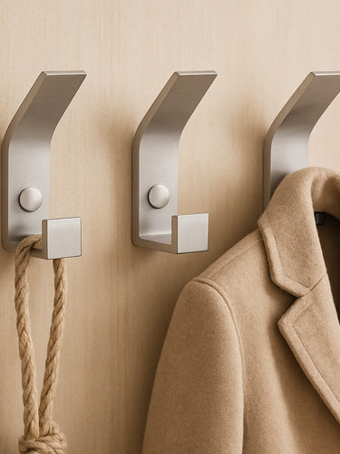 Drie Huso RVS wandhaken van yessential.nl, met een strak minimalistisch ontwerp, houden een beige jas en dik touw tegen een lichtbruine muur.