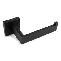 De Vero Black Deluxe van yessential.nl is een matzwarte, wandgemonteerde toiletrolhouder zwart met een modern, hoekig ontwerp en vierkante basis, voorzien van een rechte arm met opstaand uiteinde voor luxe toiletaccessoires.
