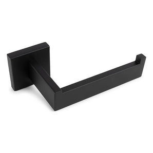 De Vero Black Deluxe van yessential.nl is een matzwarte, wandgemonteerde toiletrolhouder zwart met een modern, hoekig ontwerp en vierkante basis, voorzien van een rechte arm met opstaand uiteinde voor luxe toiletaccessoires.