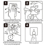 Instructies voor 4x Navarro Black van yessential.nl: Reinig het oppervlak, verwarm de lijm 30 sec, verwijder de achterkant, druk het haakje 30 sec in. Wacht 24 uur voor gebruik. Je RVS haakjes zijn nu klaar!.